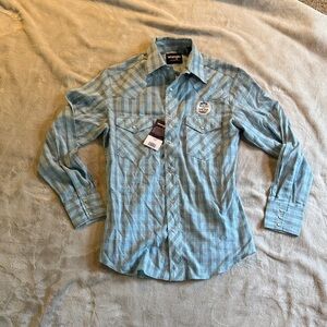 Wrangler Men's Light Blue pearl snap Checkered Shirt Sz S